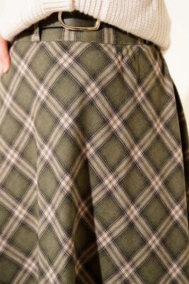 Kemerli Ekose Desenli Etek Haki - Etek