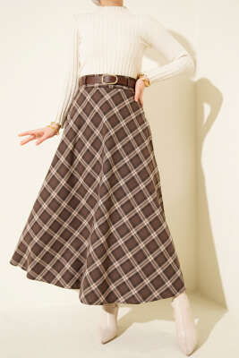 Kemerli Ekose Desenli Etek Kahve - DUFON