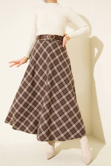 Kemerli Ekose Desenli Etek Kahve - Etek