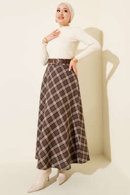 Kemerli Ekose Desenli Etek Kahve - Etek