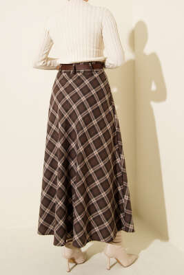 Kemerli Ekose Desenli Etek Kahve - Etek