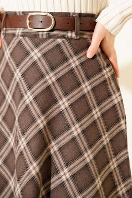 Kemerli Ekose Desenli Etek Kahve - Etek