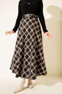 Kemerli Ekose Desenli Etek Siyah - DUFON