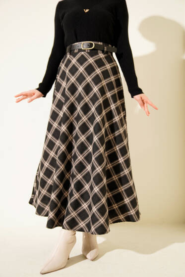 Kemerli Ekose Desenli Etek Siyah - Etek