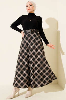 Kemerli Ekose Desenli Etek Siyah - Etek