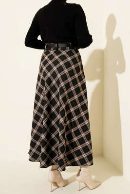 Kemerli Ekose Desenli Etek Siyah - Etek