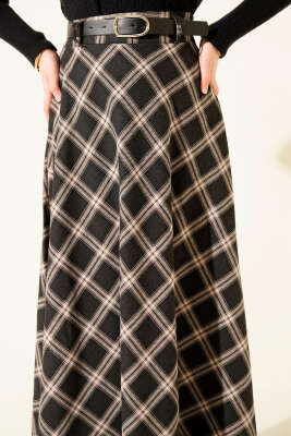 Kemerli Ekose Desenli Etek Siyah - Etek