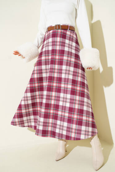 Kemerli Ekoseli Scuba Etek Bordo - Etek