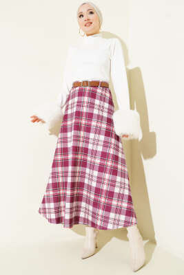 Kemerli Ekoseli Scuba Etek Bordo - Etek