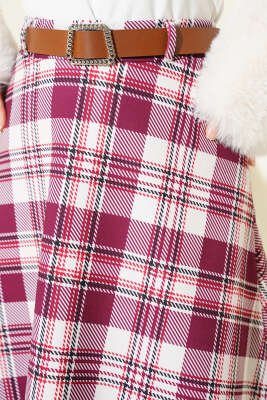 Kemerli Ekoseli Scuba Etek Bordo - Etek