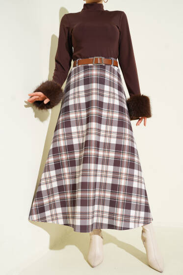 Kemerli Ekoseli Scuba Etek Kahve - Etek