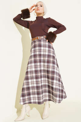 Kemerli Ekoseli Scuba Etek Kahve - Etek