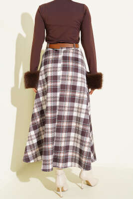 Kemerli Ekoseli Scuba Etek Kahve - Etek