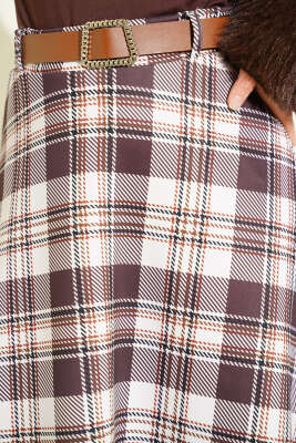 Kemerli Ekoseli Scuba Etek Kahve - Etek