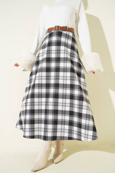 Kemerli Ekoseli Scuba Etek Siyah - Etek