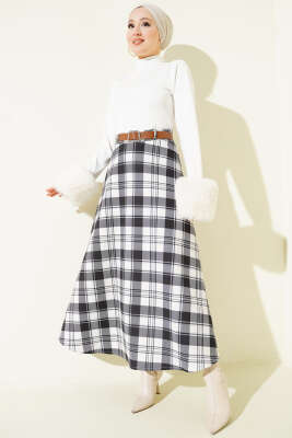 Kemerli Ekoseli Scuba Etek Siyah - Etek