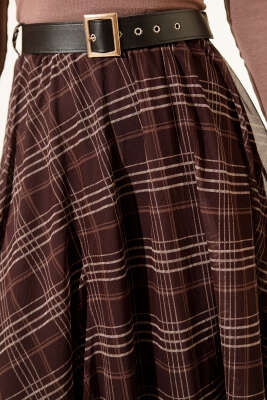 Kemerli Ekoseli Şifon Etek Kahve - Etek