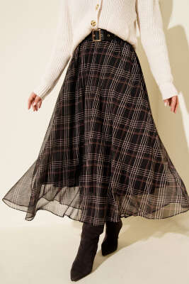 Kemerli Ekoseli Şifon Etek Siyah - ESTELLE