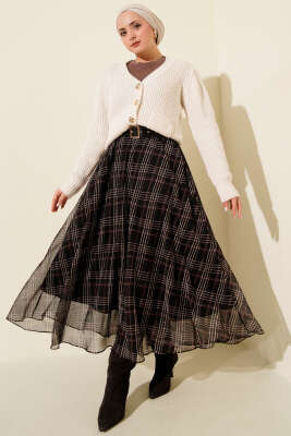 Kemerli Ekoseli Şifon Etek Siyah - Etek
