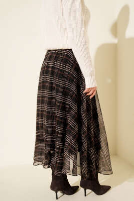 Kemerli Ekoseli Şifon Etek Siyah - Etek