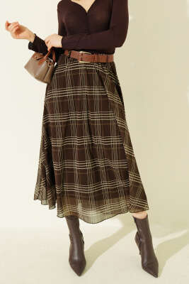 Kemerli Ekoseli Şifon Midi Etek Kahve - Kadın Giyim Modelleri