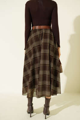 Kemerli Ekoseli Şifon Midi Etek Kahve - Kadın Giyim Modelleri