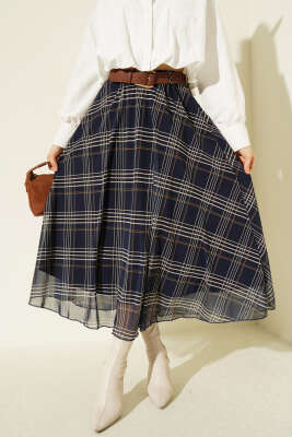 Kemerli Ekoseli Şifon Midi Etek Lacivert - Kadın Giyim Modelleri