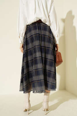 Kemerli Ekoseli Şifon Midi Etek Lacivert - Kadın Giyim Modelleri