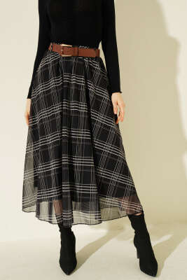 Kemerli Ekoseli Şifon Midi Etek Siyah - Kadın Giyim Modelleri