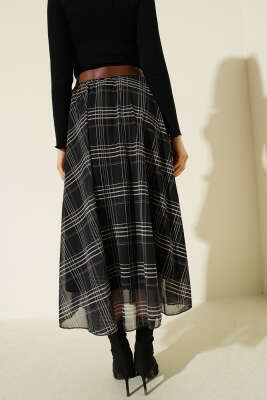 Kemerli Ekoseli Şifon Midi Etek Siyah - Kadın Giyim Modelleri