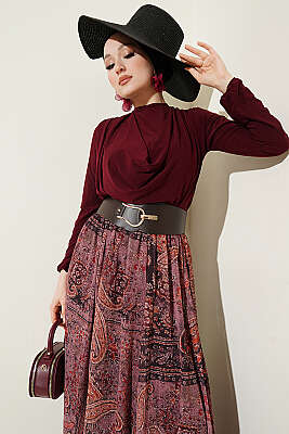 Kemerli Etnik Desenli ikili Takım Bordo - HATUN