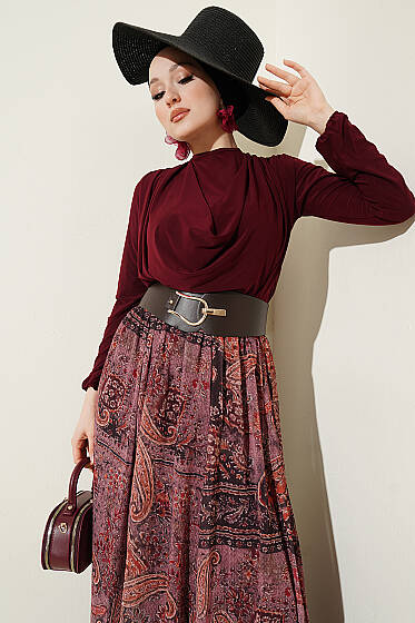 Kemerli Etnik Desenli ikili Takım Bordo - İkili Takım