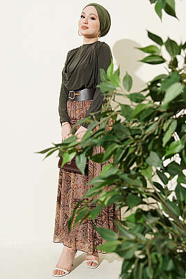 Kemerli Etnik Desenli ikili Takım Haki - HATUN