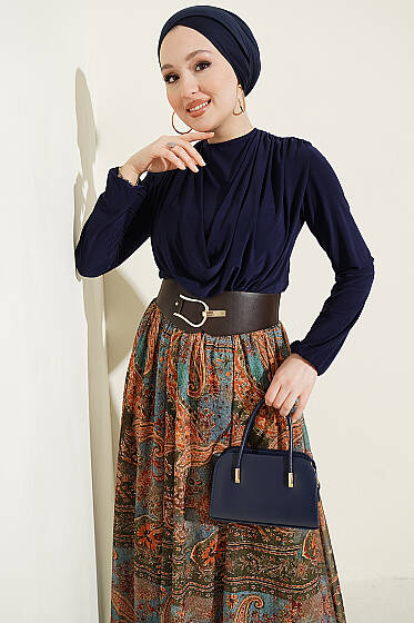 Kemerli Etnik Desenli ikili Takım Lacivert - İkili Takım