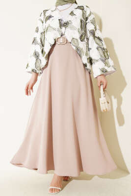 Kemerli Fermuarlı Basic Etek Bej - ALİ AKKAYA