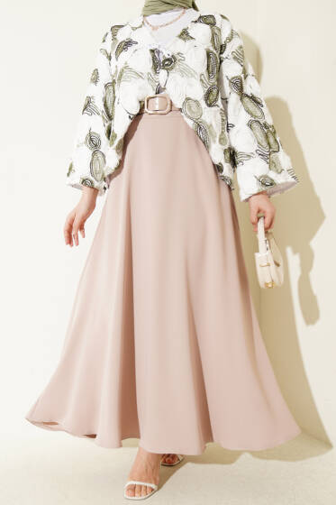 Kemerli Fermuarlı Basic Etek Bej - Etek