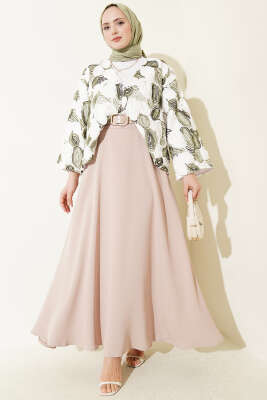 Kemerli Fermuarlı Basic Etek Bej - Etek