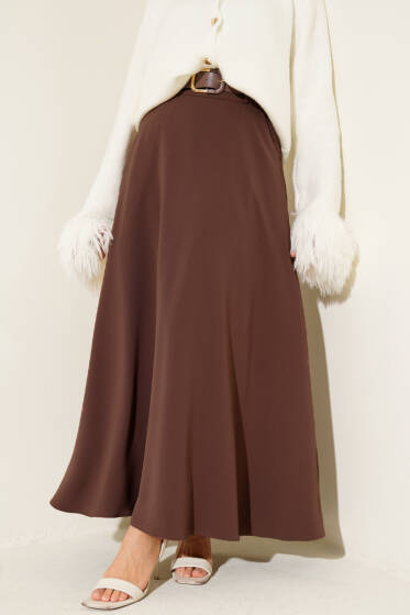 Kemerli Fermuarlı Basic Etek Kahve - Etek