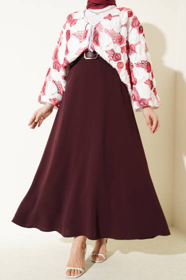 Kemerli Fermuarlı Basic Etek Mürdüm - Etek