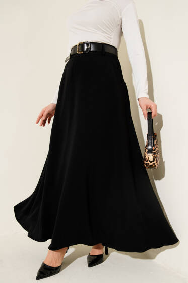 Kemerli Fermuarlı Basic Etek Siyah - Etek