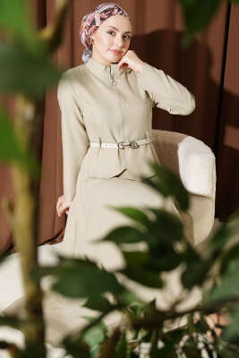 Kemerli Fermuarlı Basic Etekli Takım Bej - SAS