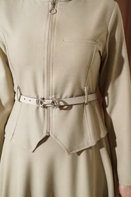 Kemerli Fermuarlı Basic Etekli Takım Bej - İkili Takım