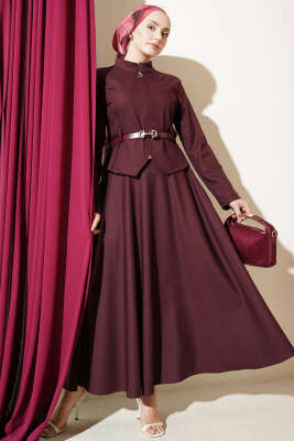 Kemerli Fermuarlı Basic Etekli Takım Bordo - SAS