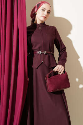 Kemerli Fermuarlı Basic Etekli Takım Bordo - İkili Takım