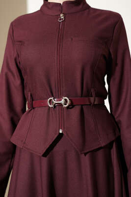 Kemerli Fermuarlı Basic Etekli Takım Bordo - İkili Takım