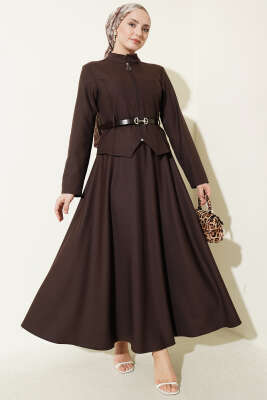 Kemerli Fermuarlı Basic Etekli Takım Kahve - SAS