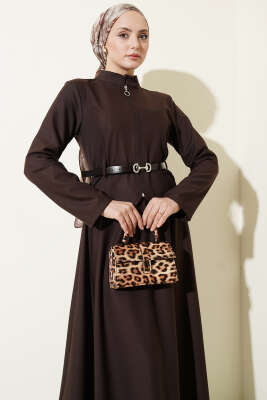 Kemerli Fermuarlı Basic Etekli Takım Kahve - İkili Takım