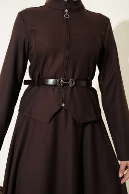 Kemerli Fermuarlı Basic Etekli Takım Kahve - İkili Takım