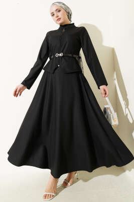 Kemerli Fermuarlı Basic Etekli Takım Siyah - SAS