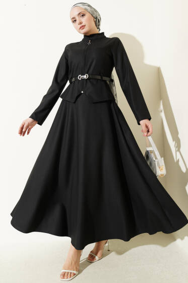 Kemerli Fermuarlı Basic Etekli Takım Siyah - İkili Takım